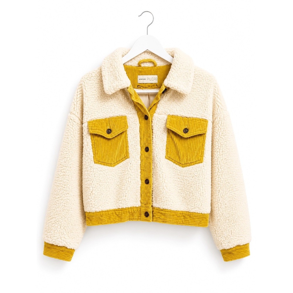Anthropologie Pilcro Women's Small Sherpa Corduroy Trim Jacket Cream Mustard